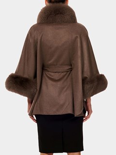 Woman's Khaki Taupe Cashmere Belted Cape with Fox Collar and Cuffs