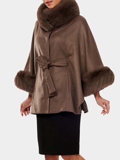 Woman's Khaki Taupe Cashmere Belted Cape with Fox Collar and Cuffs