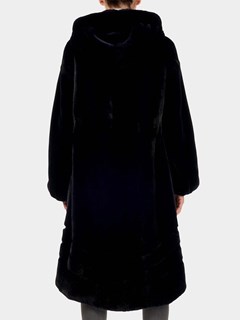 Woman's Navy Short Nap Mink Fur Coat with Hood