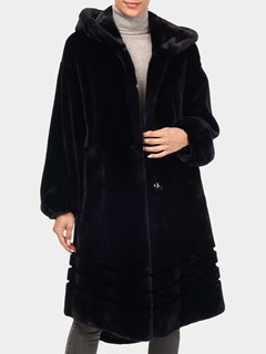 Woman's Navy Short Nap Mink Fur Coat with Hood