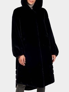 Woman's Navy Short Nap Mink Fur Coat with Hood