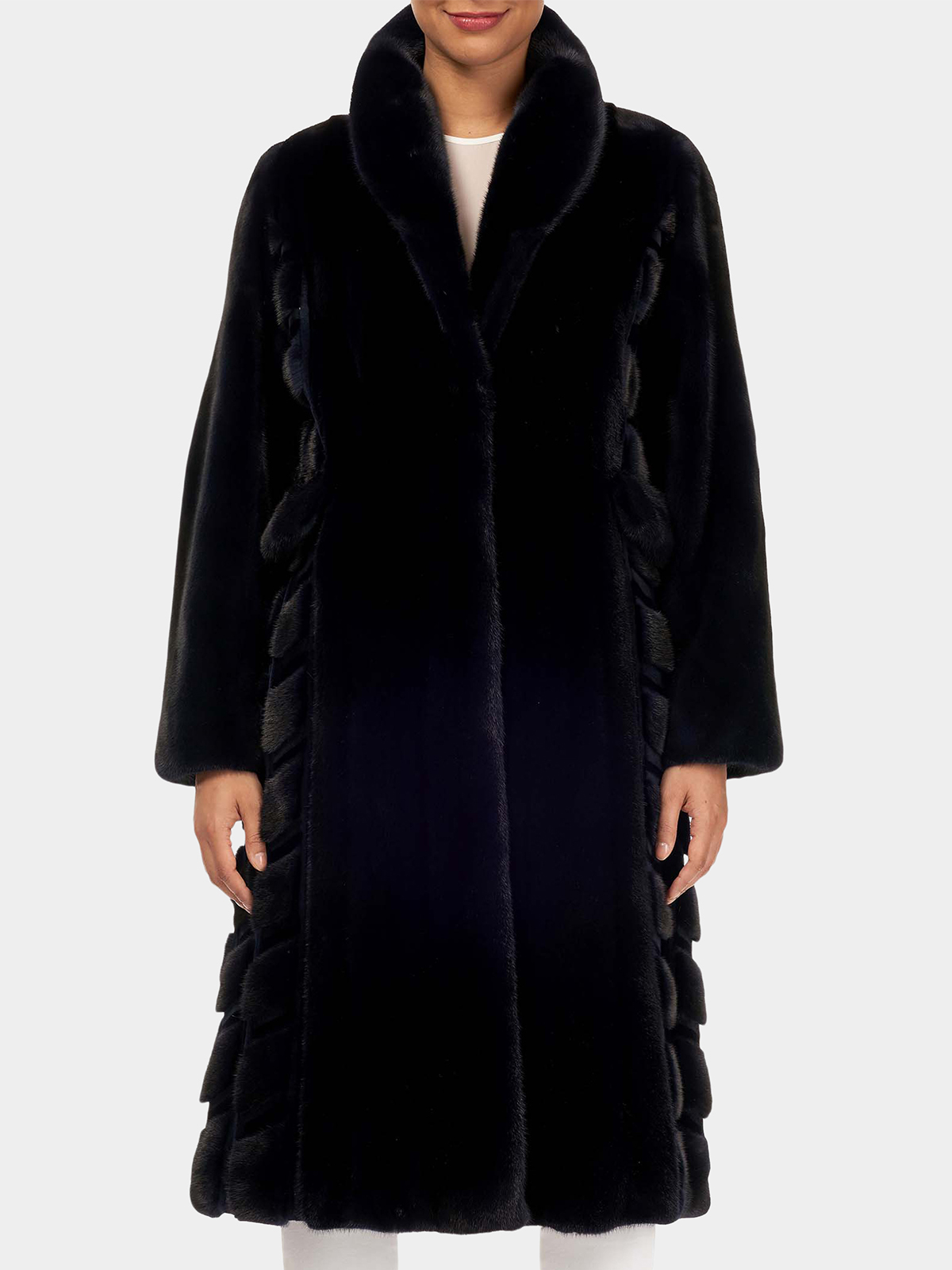 Woman's Navy Let Out Mink Fur Coat with Sheared Mink Inserts