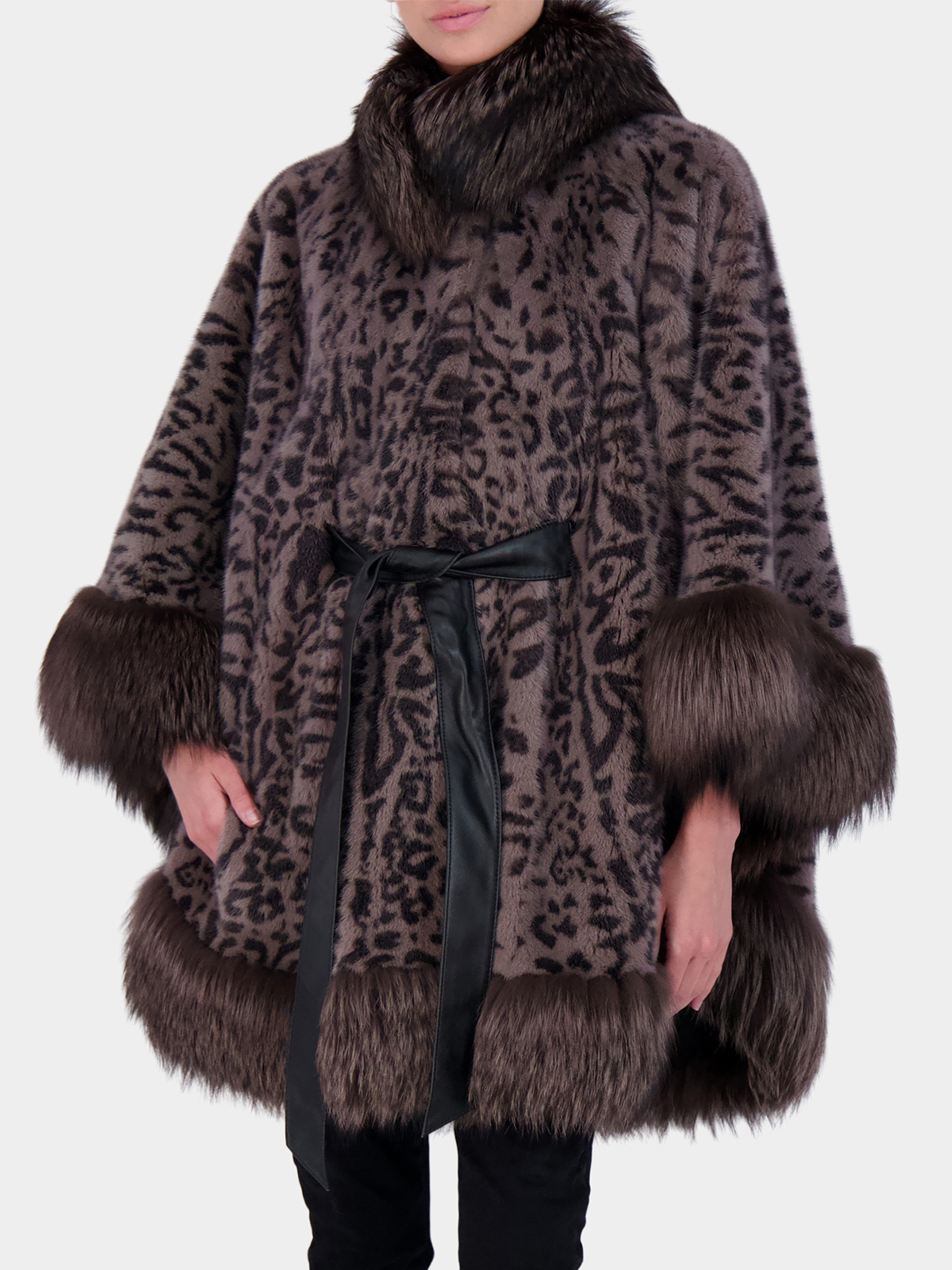 Woman's Gray Animal Print Mink Fur Cape with Silver Fox Collar and Border