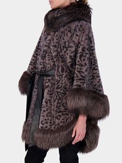 Woman's Gray Animal Print Mink Fur Cape with Silver Fox Collar and Border