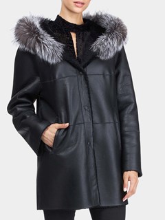 Women's Gorski Shearling Lamb Jacket with Silver Fox Trimmed Hood
