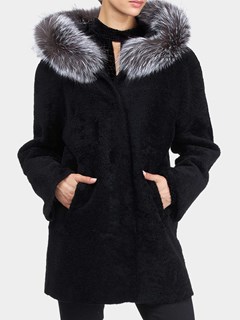 Women's Gorski Shearling Lamb Jacket with Silver Fox Trimmed Hood