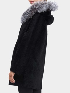 Women's Gorski Shearling Lamb Jacket with Silver Fox Trimmed Hood