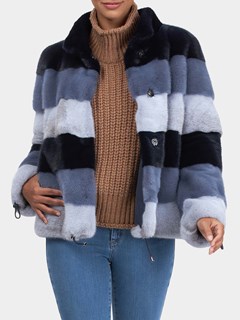 Woman's Gorski Navy Blue Multicolor Horizontal Mink Fur Jacket