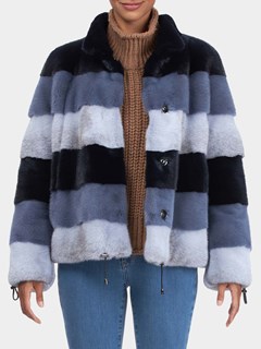 Woman's Gorski Navy Blue Multicolor Horizontal Mink Fur Jacket