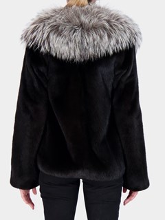 Woman's Black Mink Fur Jacket with Silver Fox Collar