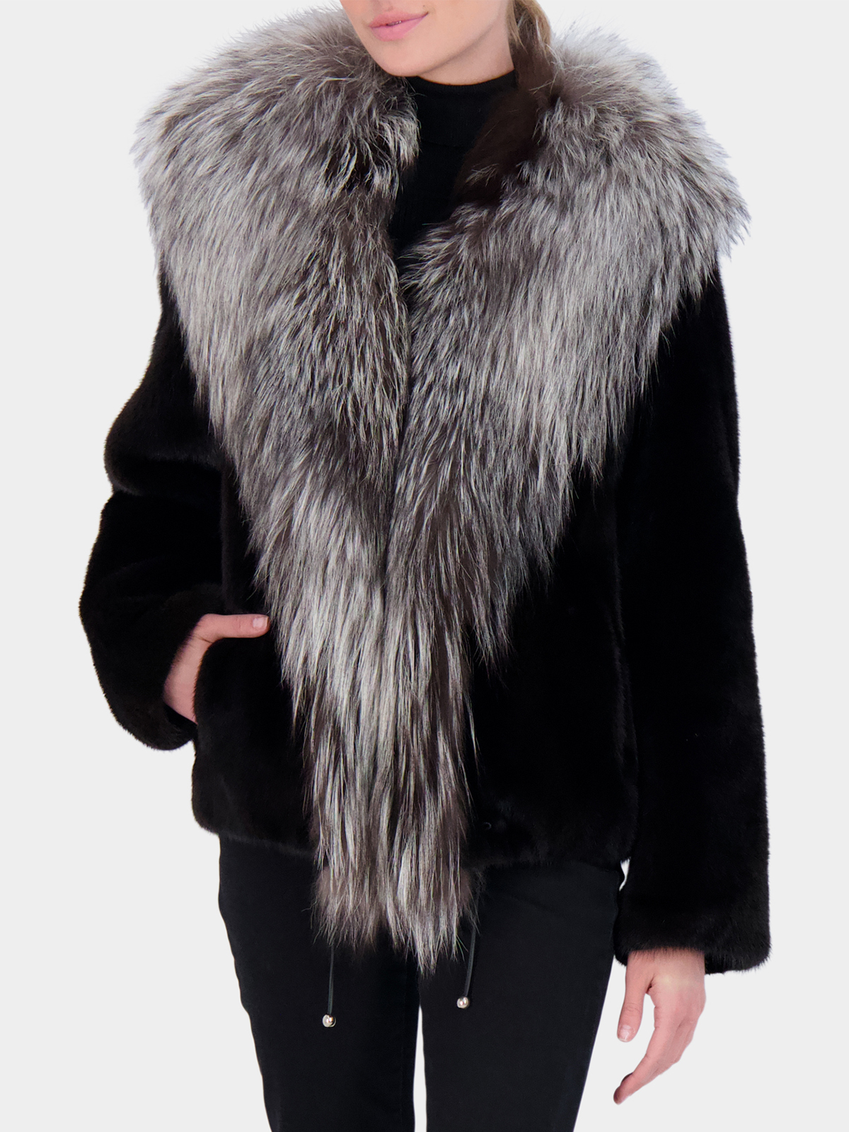 Woman's Black Mink Fur Jacket with Silver Fox Collar