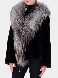 Woman's Black Mink Fur Jacket with Silver Fox Collar
