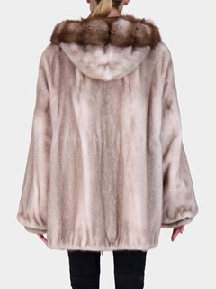 Woman's Silver Blue Mink Fur Jacket with Stone Marten Hood