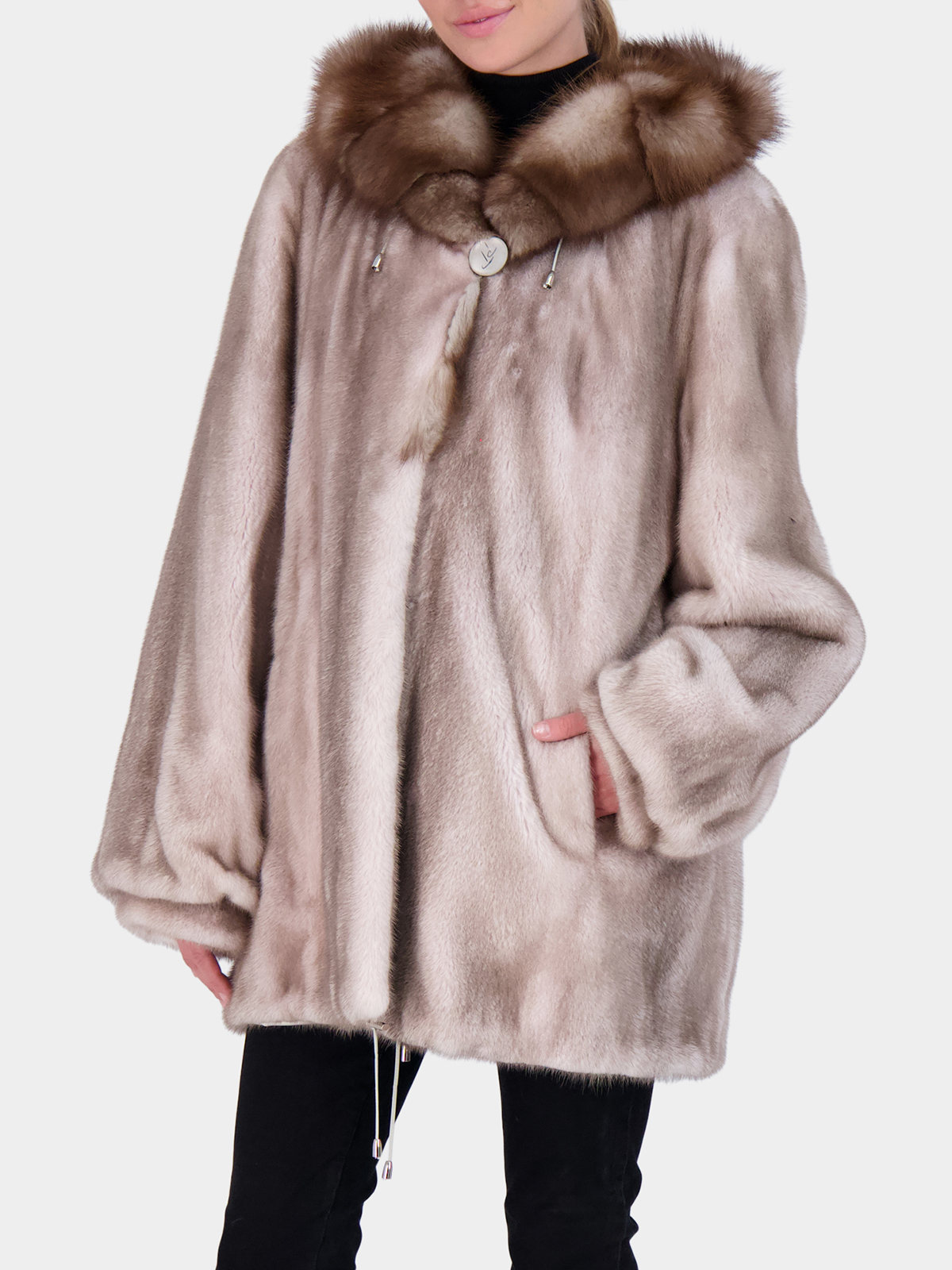 Woman's Silver Blue Mink Fur Jacket with Stone Marten Hood