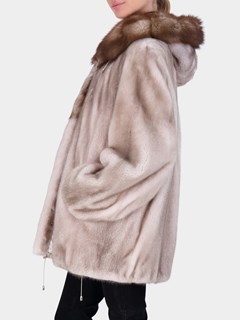 Woman's Silver Blue Mink Fur Jacket with Stone Marten Hood