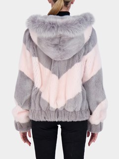 Woman's Gray and Rose Mink Fur Bomber Jacket with Fox Trim on Hood