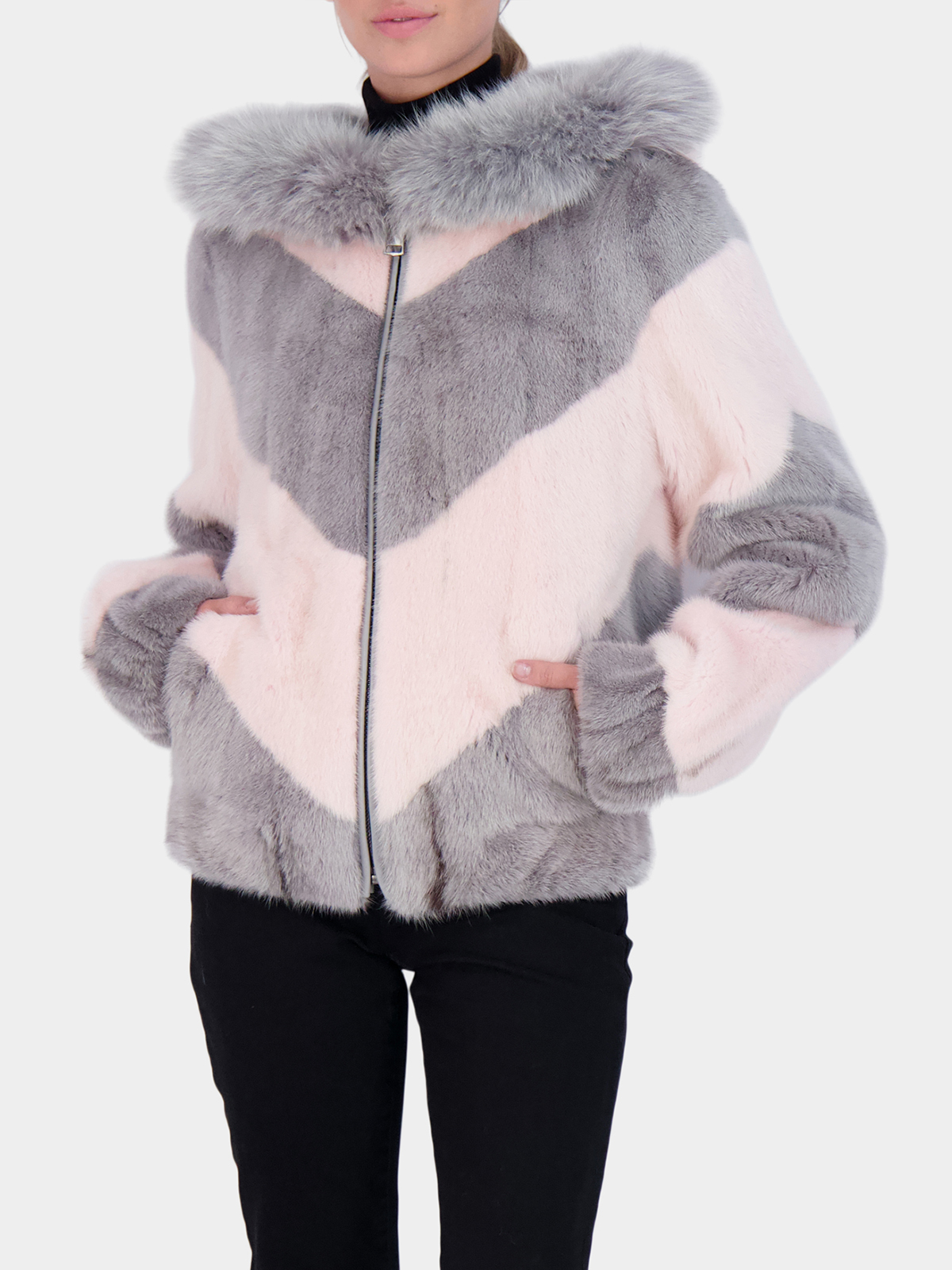 Woman's Gray and Rose Mink Fur Bomber Jacket with Fox Trim on Hood