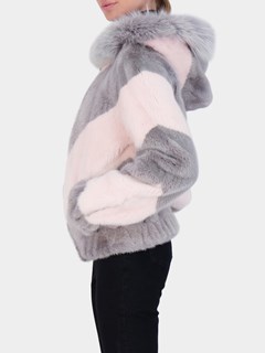 Woman's Gray and Rose Mink Fur Bomber Jacket with Fox Trim on Hood