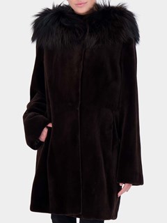 Woman's Gorski Brown Sheared Mink Fur Hooded Stroller with Silver Fox Trim