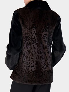 Woman's Grey Degradé Animal Print Mink Fur Jacket with Long Hair Mink Collar and Sleeves