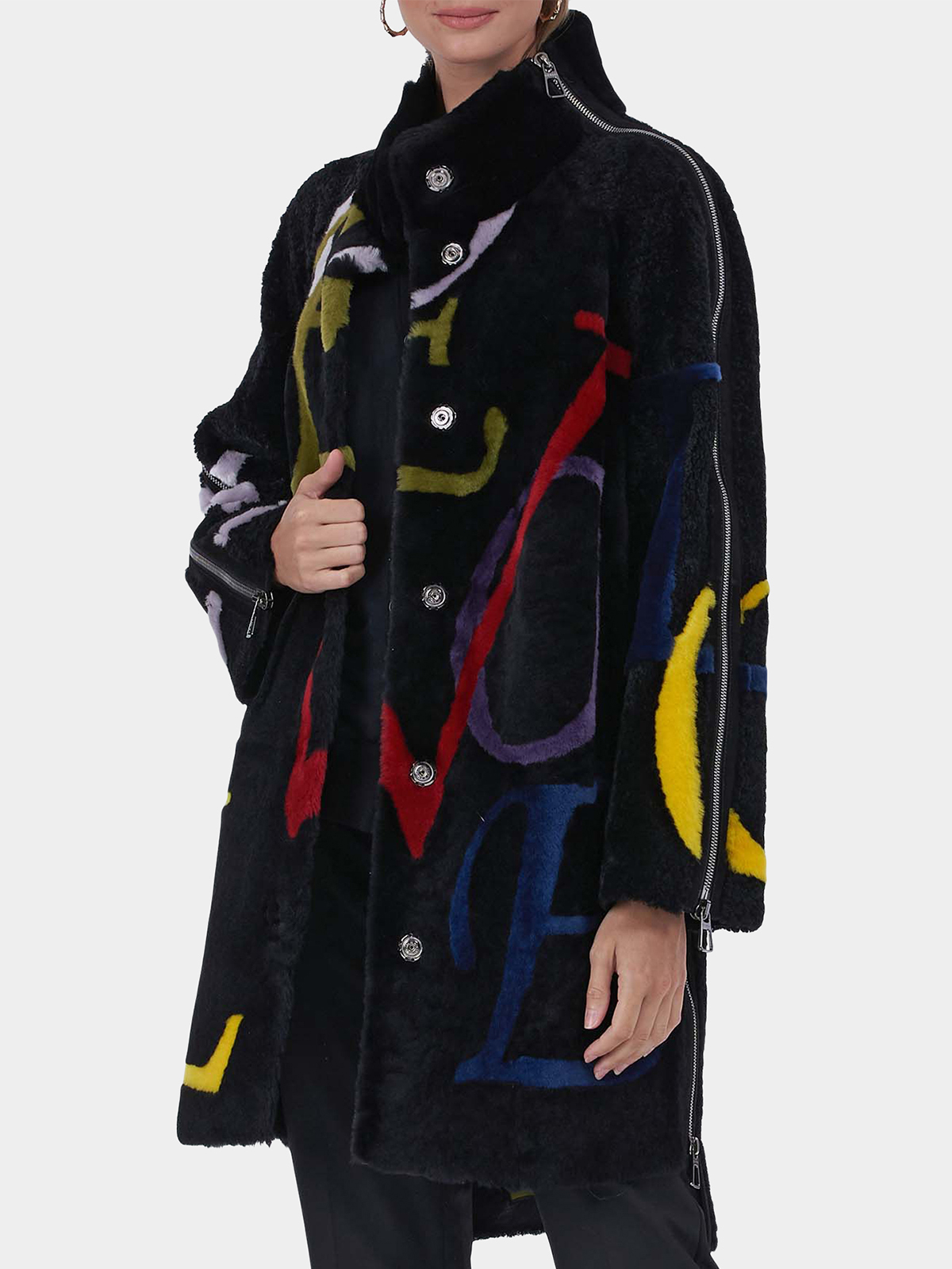 Woman's Gorski Black Shearling Lamb Stroller with Multicolor LOVE Intarsia