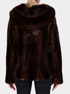Woman's Brown Print Mink Fur Jacket with Fox Hood Trim