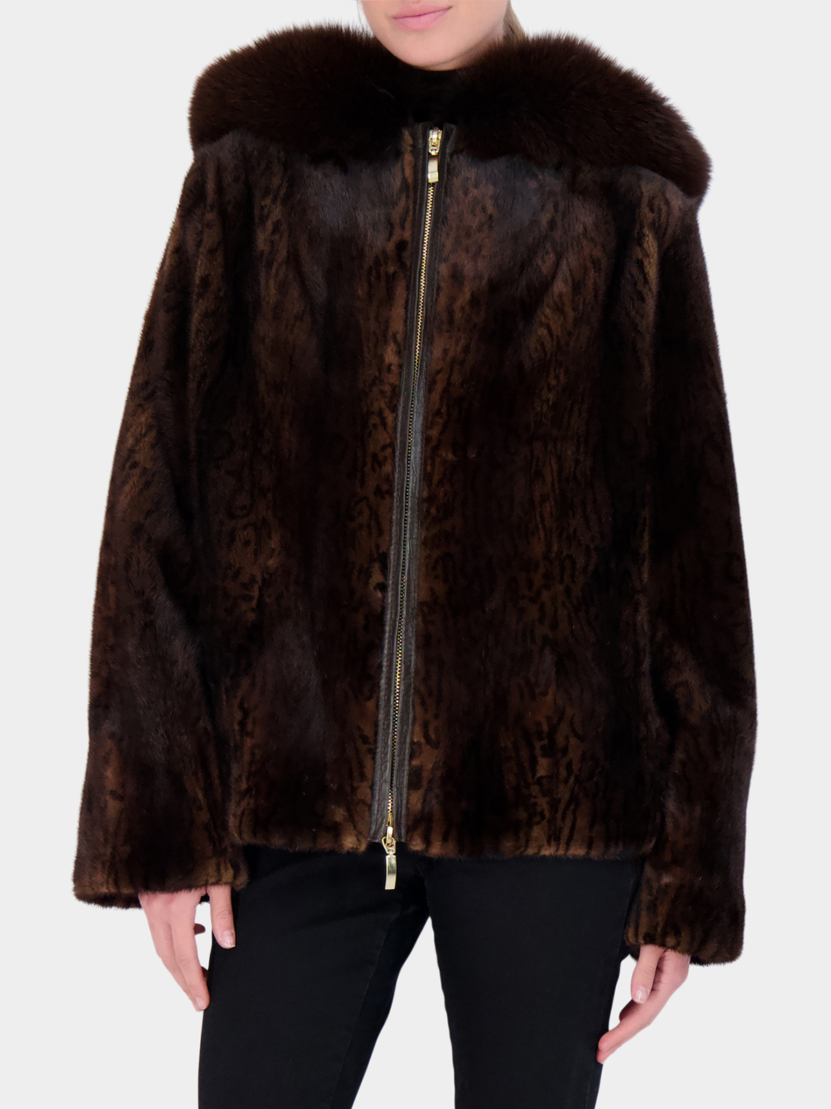 Woman's Brown Print Mink Fur Jacket with Fox Hood Trim