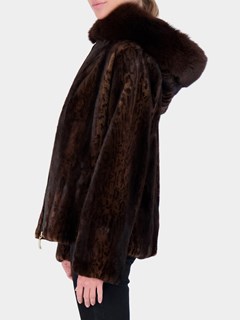 Woman's Brown Print Mink Fur Jacket with Fox Hood Trim