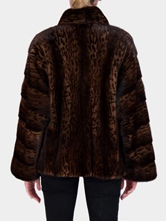Woman's Brown Print Mink Fur Jacket with Horizontal Sleeves