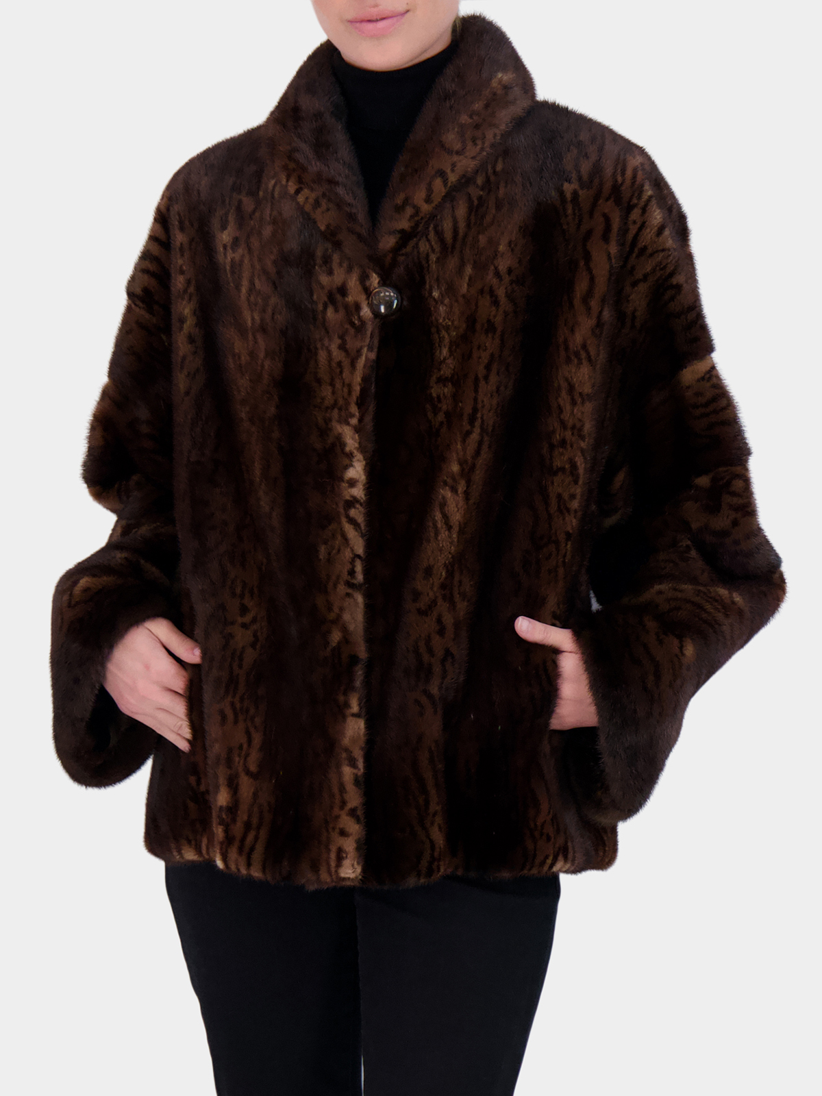 Woman's Brown Print Mink Fur Jacket with Horizontal Sleeves