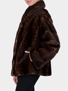 Woman's Brown Print Mink Fur Jacket with Horizontal Sleeves