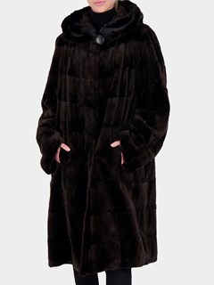 Woman's Gorski Mahogany Hooded Sheared Mink Sections Fur Short Coat