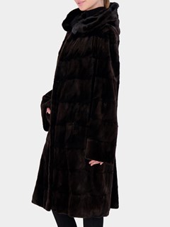 Woman's Gorski Mahogany Hooded Sheared Mink Sections Fur Short Coat