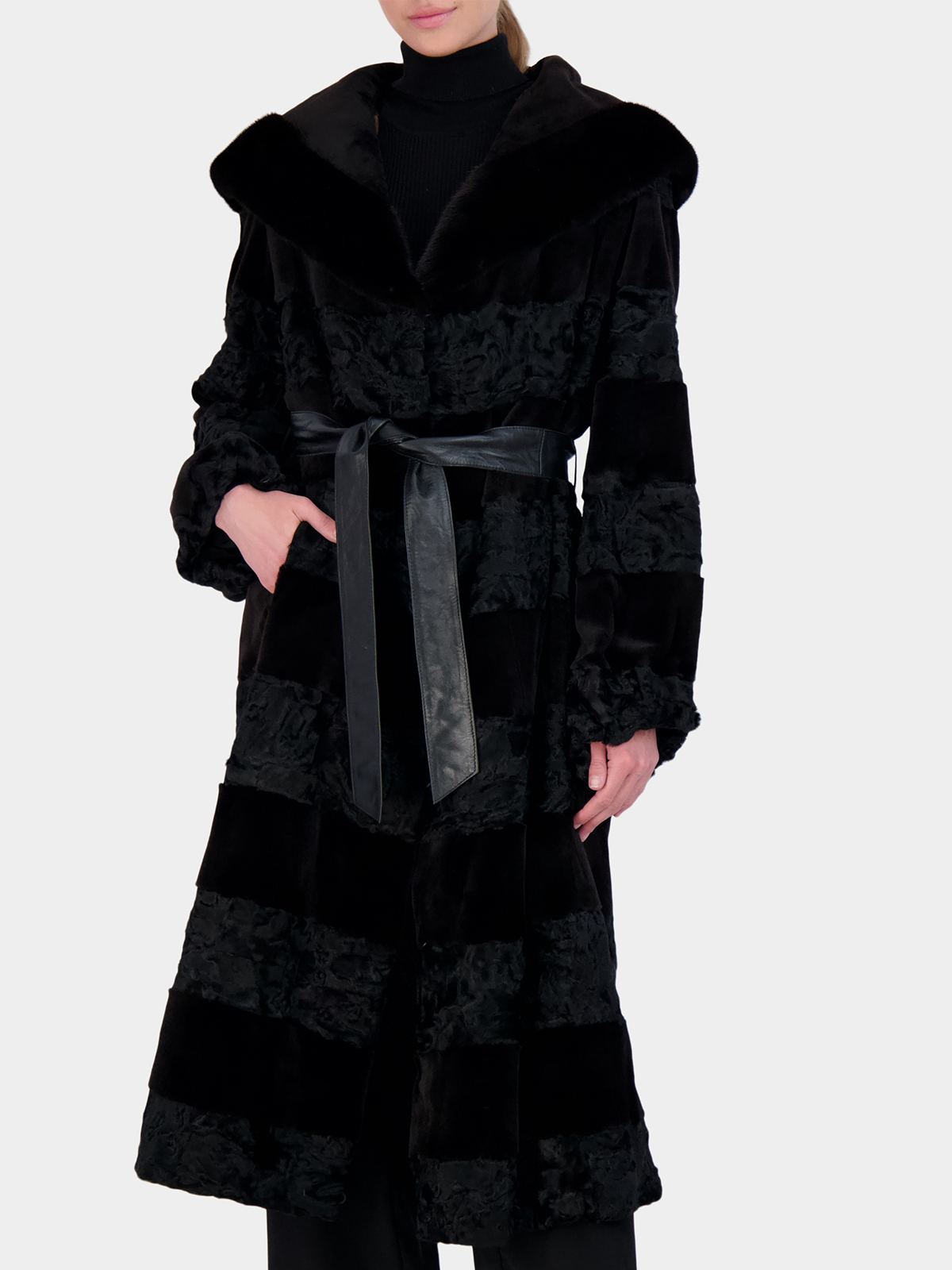 Woman's Gorski Black Persian Lamb Fur Coat with Mink Trim