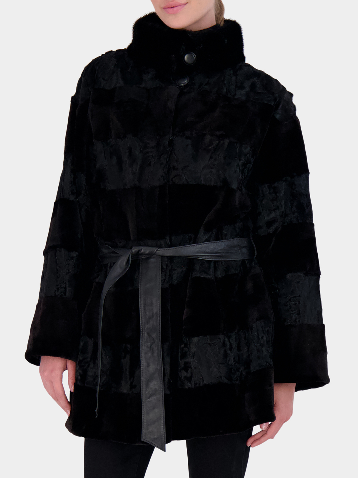 Woman's Black Persian Lamb and Mink Sections Fur Jacket
