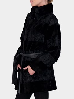 Woman's Black Persian Lamb and Mink Sections Fur Jacket