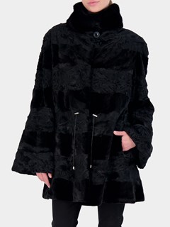 Woman's Black Persian Lamb and Mink Sections Fur Jacket