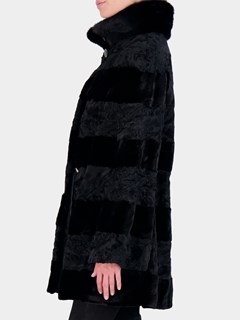 Woman's Black Persian Lamb and Mink Sections Fur Jacket