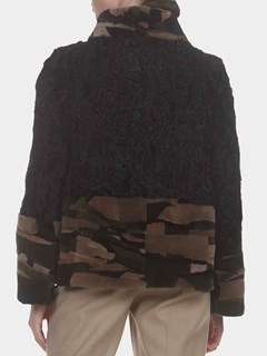 Woman's Black Camo Lamb Fur and Mink Sections Jacket