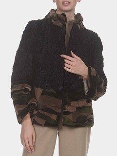 Woman's Black Camo Lamb Fur and Mink Sections Jacket