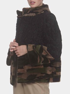 Woman's Black Camo Lamb Fur and Mink Sections Jacket