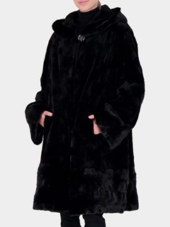 Woman's Black Hooded Mink Fur Sections Short Coat