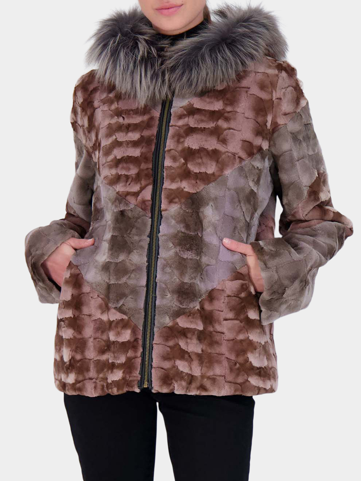 Woman's Grey and Taupe Mink Fur Sections Parka