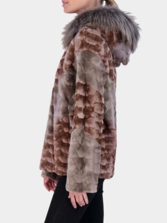 Woman's Grey and Taupe Mink Fur Sections Parka