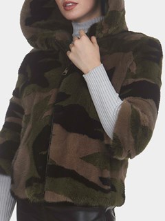 Woman's Camo Hooded Mink Fur Parka