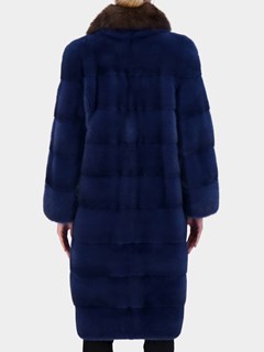 Woman's Blue Horizontal Mink Fur Short Coat with Sable Collar