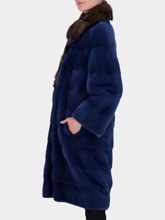 Woman's Blue Horizontal Mink Fur Short Coat with Sable Collar