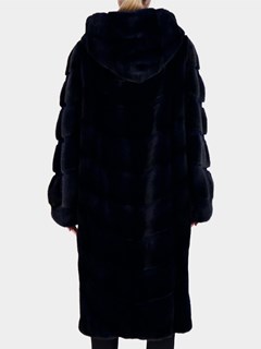 Woman's Dark Blue Hooded Mink Fur Short Coat with Sheared Mink Inserts