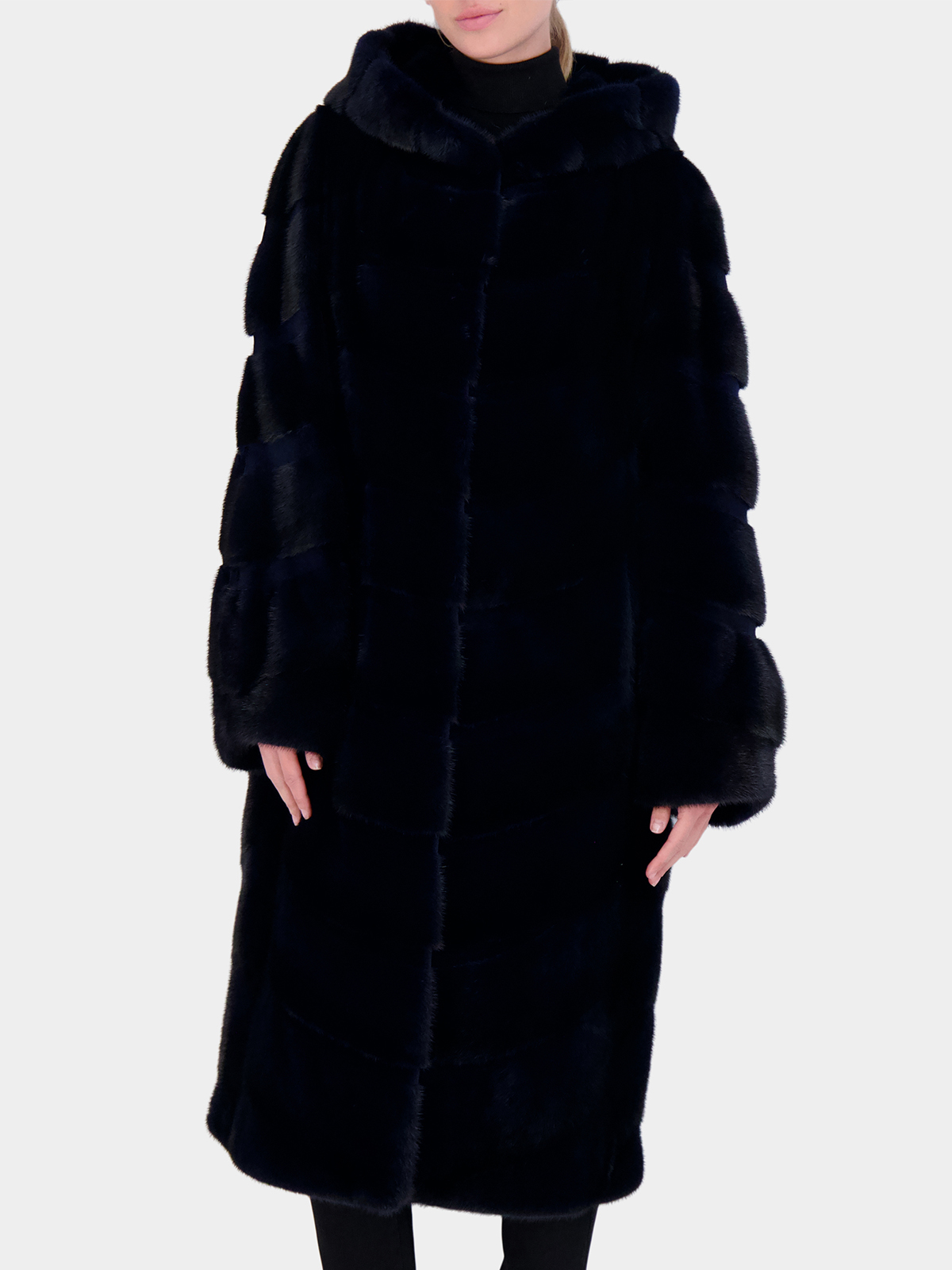 Woman's Dark Blue Hooded Mink Fur Short Coat with Sheared Mink Inserts