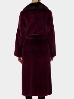 Woman's Burgundy Vertical Mink Fur Short Coat with Sable Collar